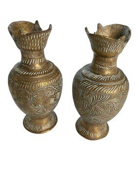 Vintage Brass Bud Vases Set of 2 Etched Floral Indian Vase Small Decorative Pair